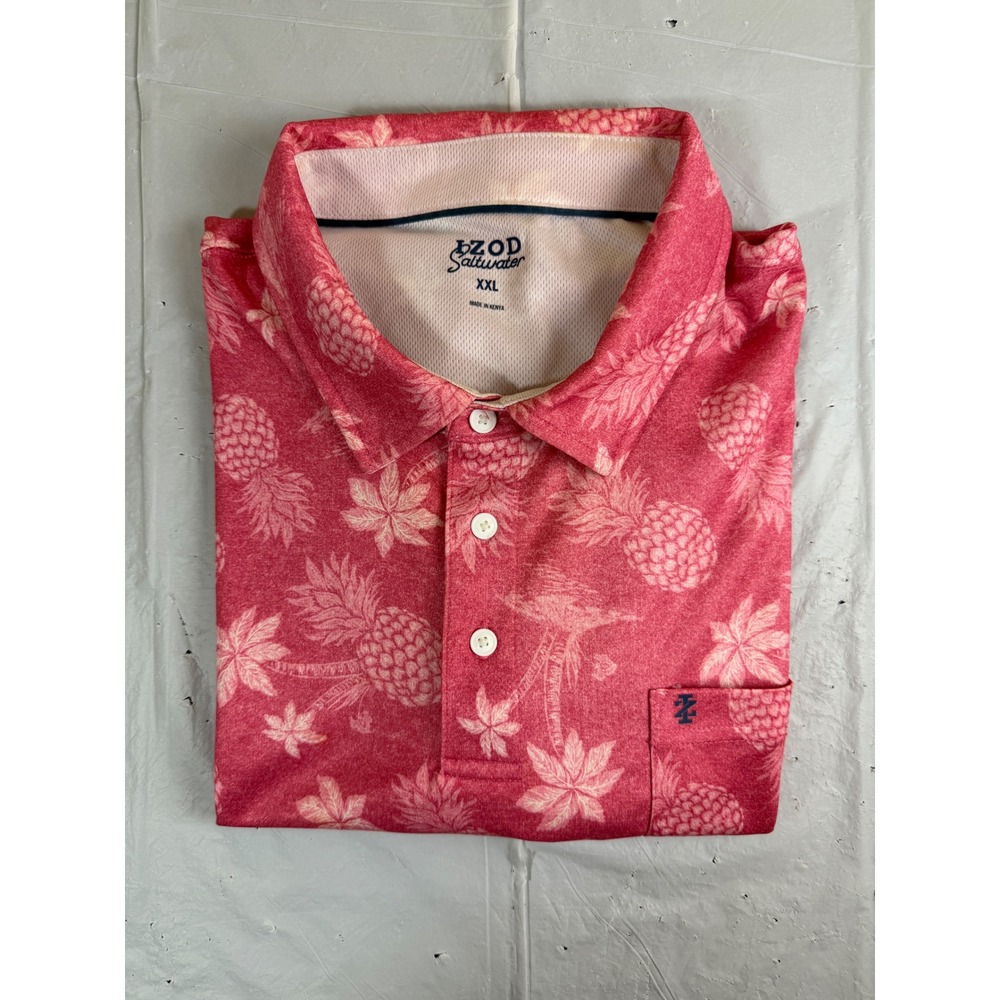 IZOD Saltwater Mens XXL Pink Pineapple Tropical‎ Performance Polo Shirt Pocket